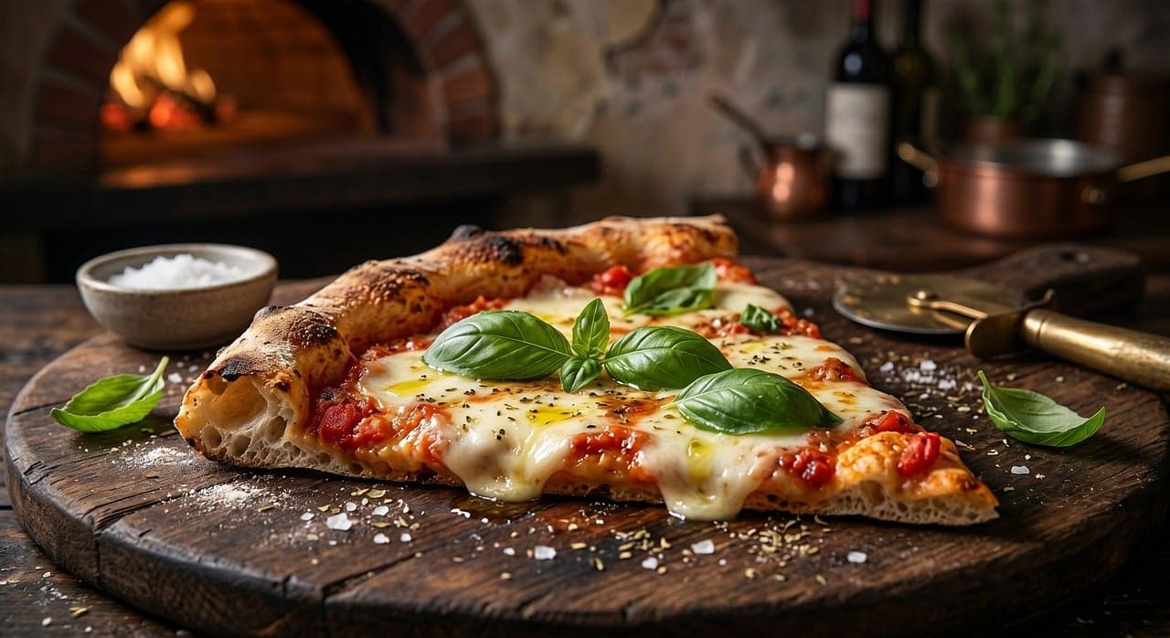 Freshly baked pizza on a wooden board in the pizzeria garden