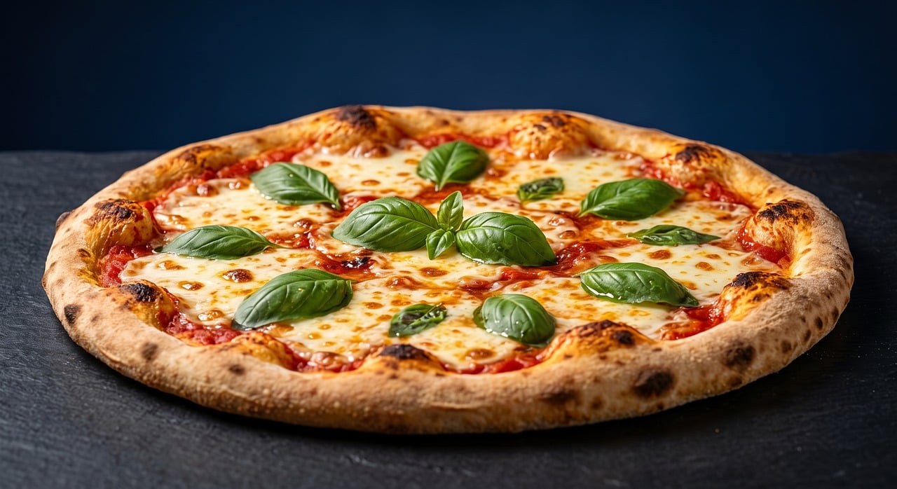 Neapolitan Margherita pizza on a slate board
